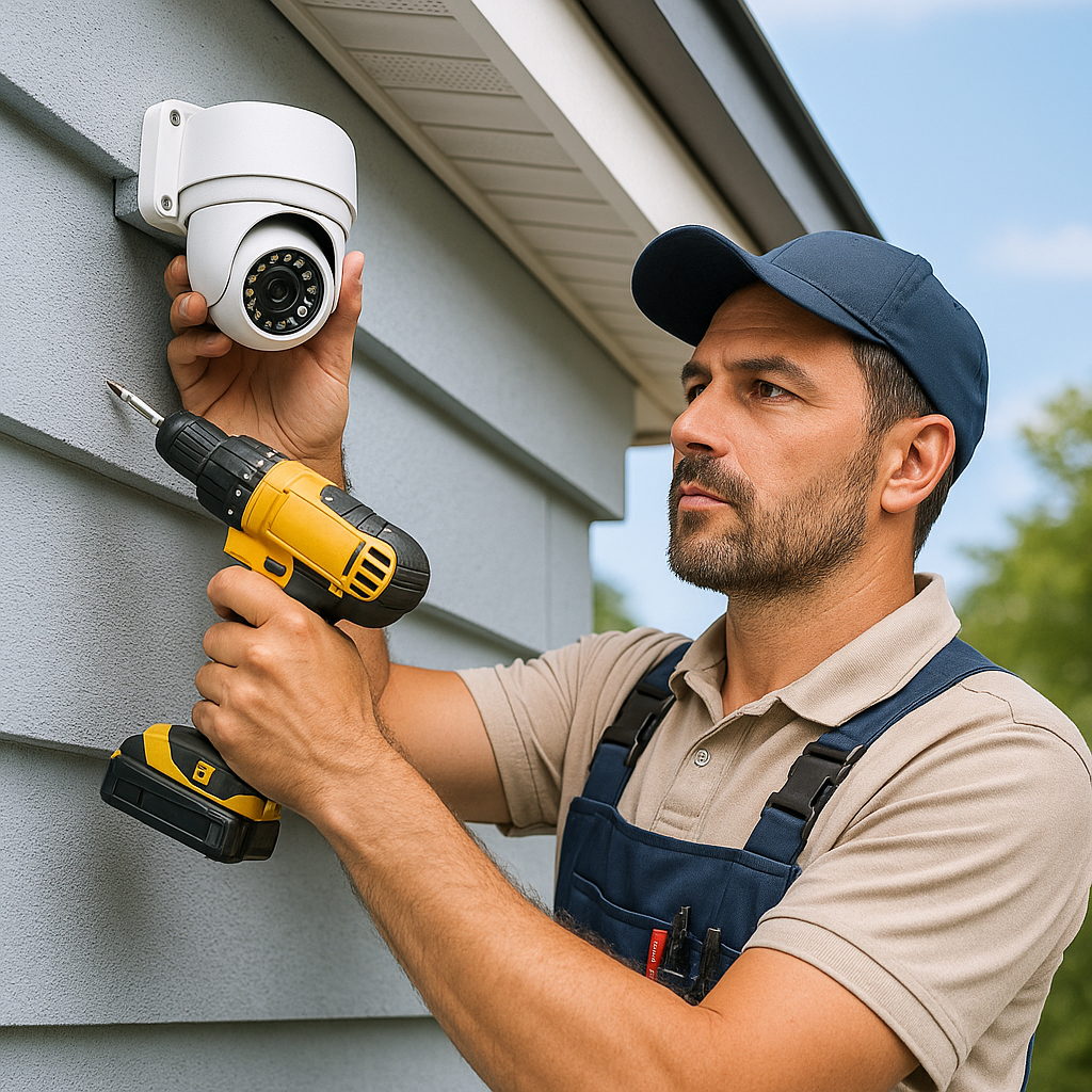 Licensed technician installing a security camera in Sacramento